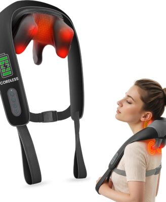 Cordless 4D Shiatsu Neck & Shoulder Massager with Heat, Home Office Travel | Wearable hands-free design, Type-C rechargeable, 2 heat levels, 2 intensities, up to 100-min battery life, 2.6 lb lightweight