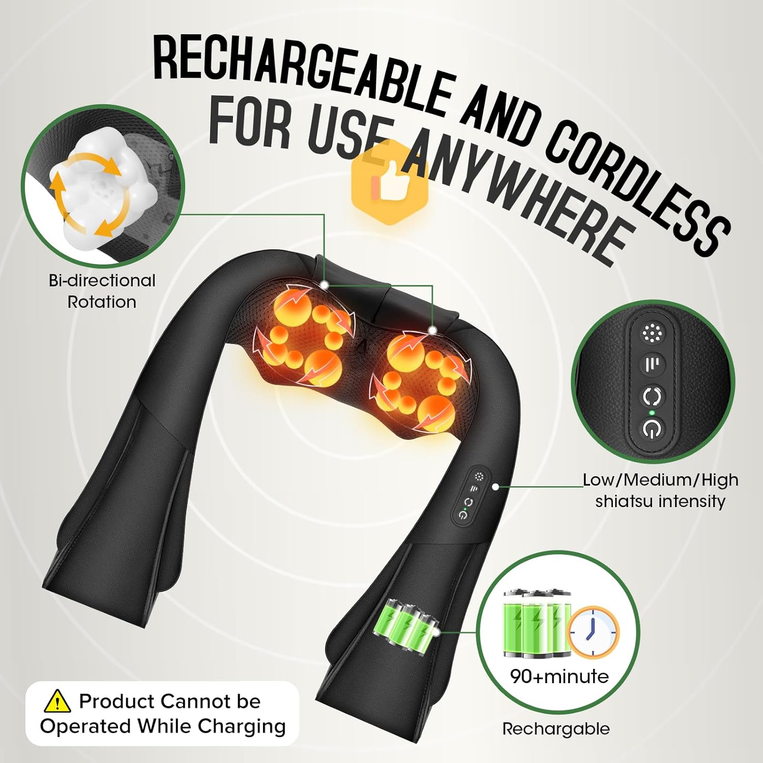 Cordless Shiatsu Neck and Shoulder Massager, Back Massager with Heat ,Massage Deeper Tissue 4D Kneading Massage for Shoulder, Neck and Back, Use at Home, Office, Car - Gifts for Fathers Day Dad Gift - Image 2