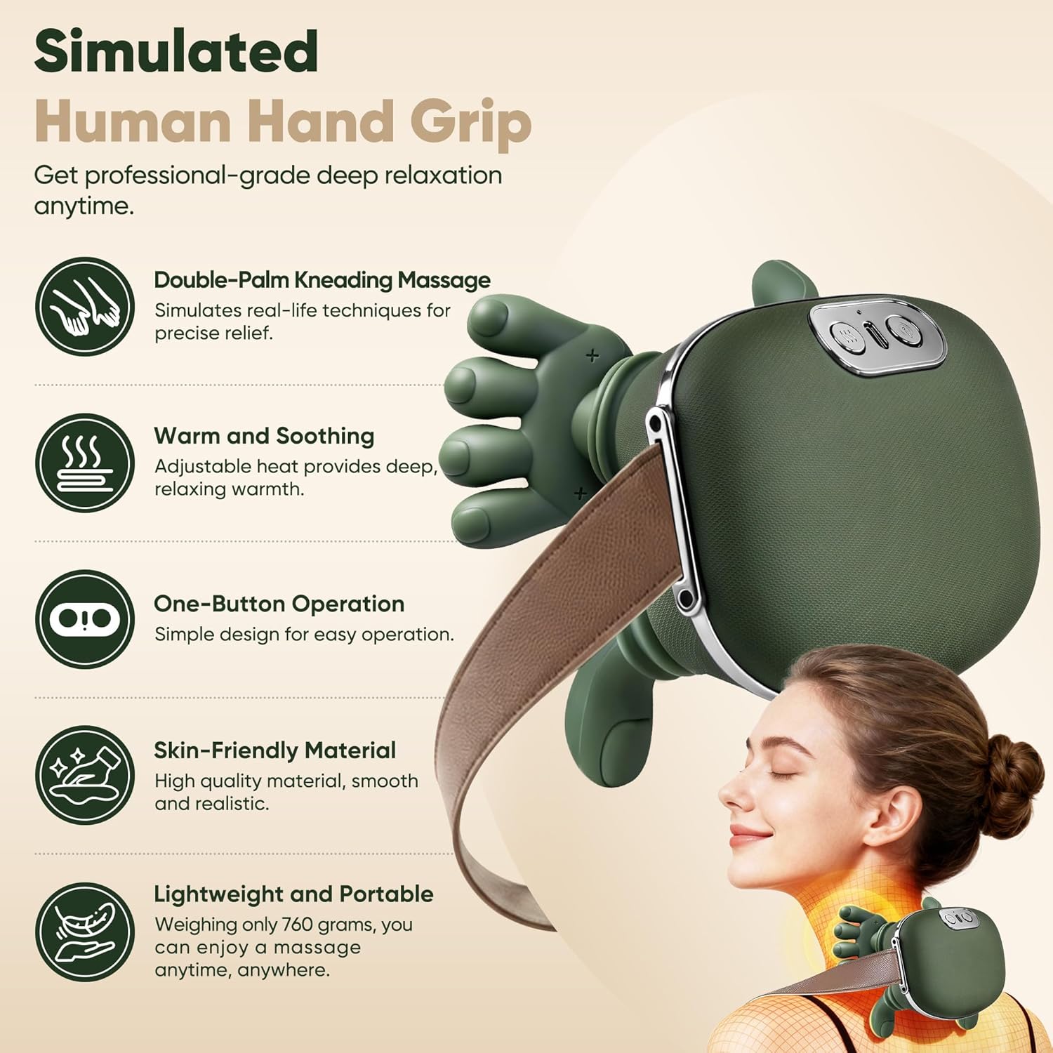 Shoulder and Neck Massager, Bionic Heated Massager, Neck Massager with Fingers, 4D Kneading Massage, Simulates a Real Palm Massage for Comfort, Relax Muscle Tension (Green) - Image 2